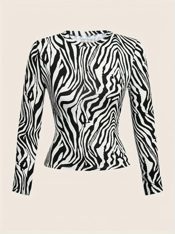 2025 Női zebra mintás hosszú ujjú póló, kerek nyakú, slim fit, hétköznapi, sokoldalú