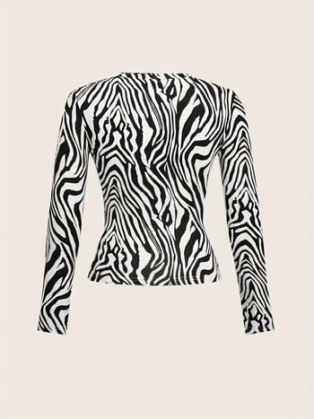 2025 Női zebra mintás hosszú ujjú póló, kerek nyakú, slim fit, hétköznapi, sokoldalú