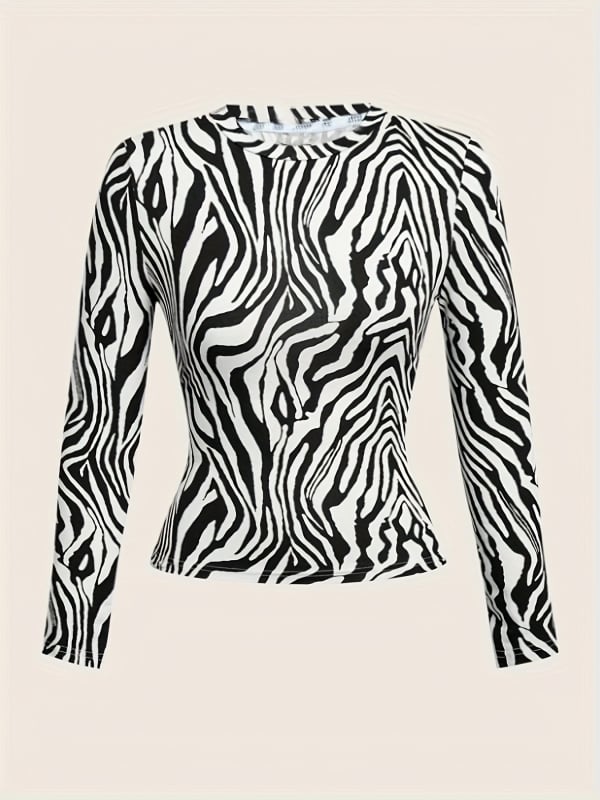 2025 Női zebra mintás hosszú ujjú póló, kerek nyakú, slim fit, hétköznapi, sokoldalú
