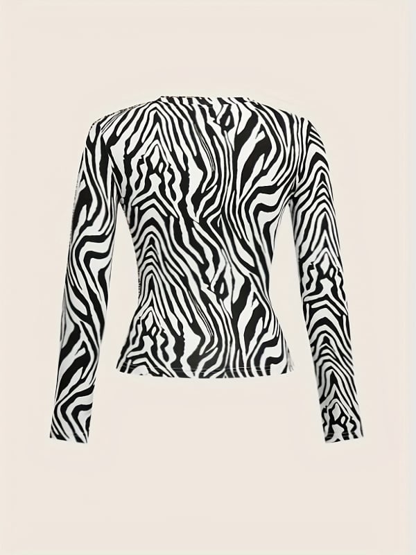 2025 Női zebra mintás hosszú ujjú póló, kerek nyakú, slim fit, hétköznapi, sokoldalú