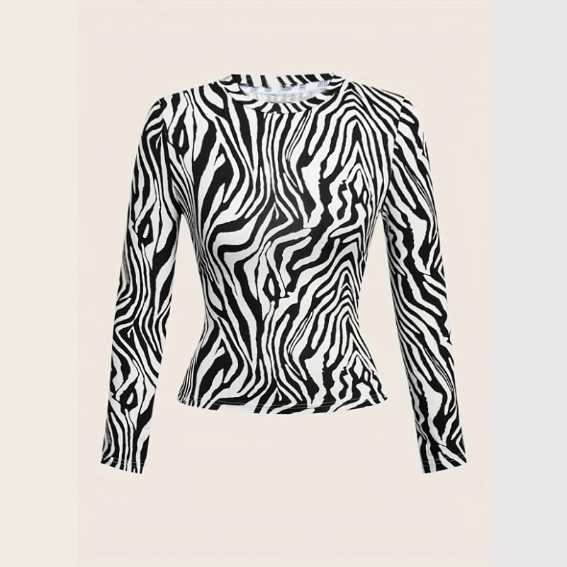 2025 Női zebra mintás hosszú ujjú póló, kerek nyakú, slim fit, hétköznapi, sokoldalú
