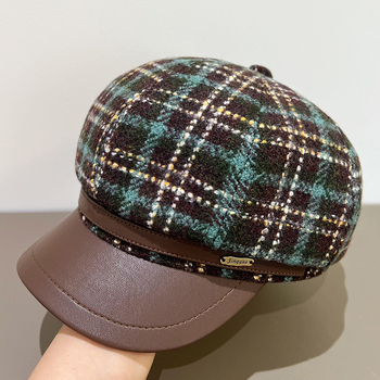 Beret u britanskom retro stilu za jesen/zimu, s PU kožnim rubom i osmerokutnim oblikom, Chanel stil, široki obod, vizualno sužava lice