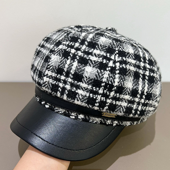 Beret u britanskom retro stilu za jesen/zimu, s PU kožnim rubom i osmerokutnim oblikom, Chanel stil, široki obod, vizualno sužava lice
