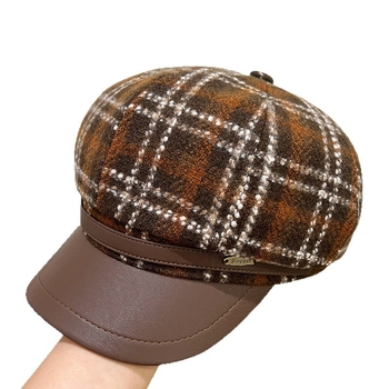Beret u britanskom retro stilu za jesen/zimu, s PU kožnim rubom i osmerokutnim oblikom, Chanel stil, široki obod, vizualno sužava lice