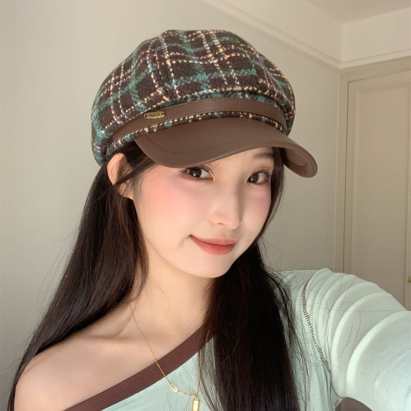 Beret u britanskom retro stilu za jesen/zimu, s PU kožnim rubom i osmerokutnim oblikom, Chanel stil, široki obod, vizualno sužava lice