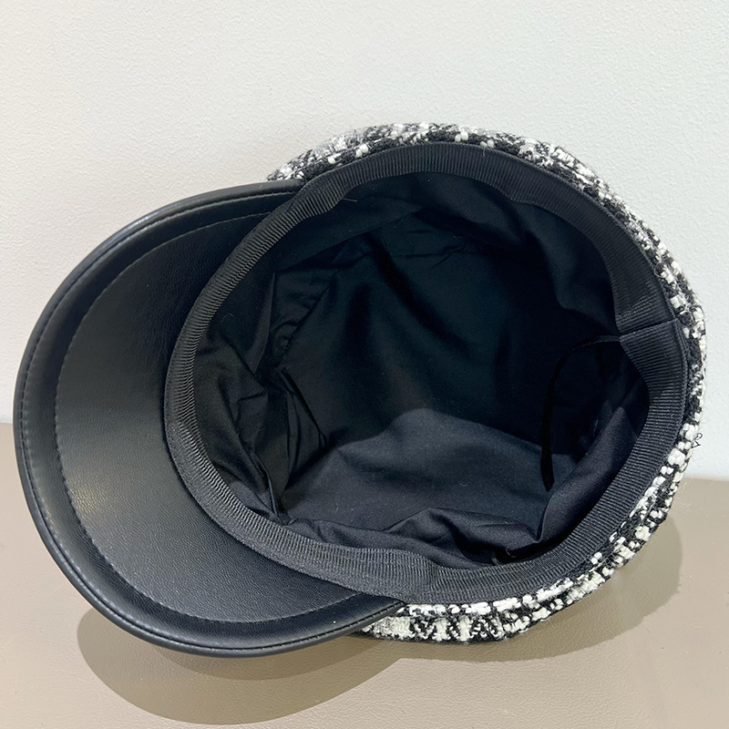 Beret u britanskom retro stilu za jesen/zimu, s PU kožnim rubom i osmerokutnim oblikom, Chanel stil, široki obod, vizualno sužava lice