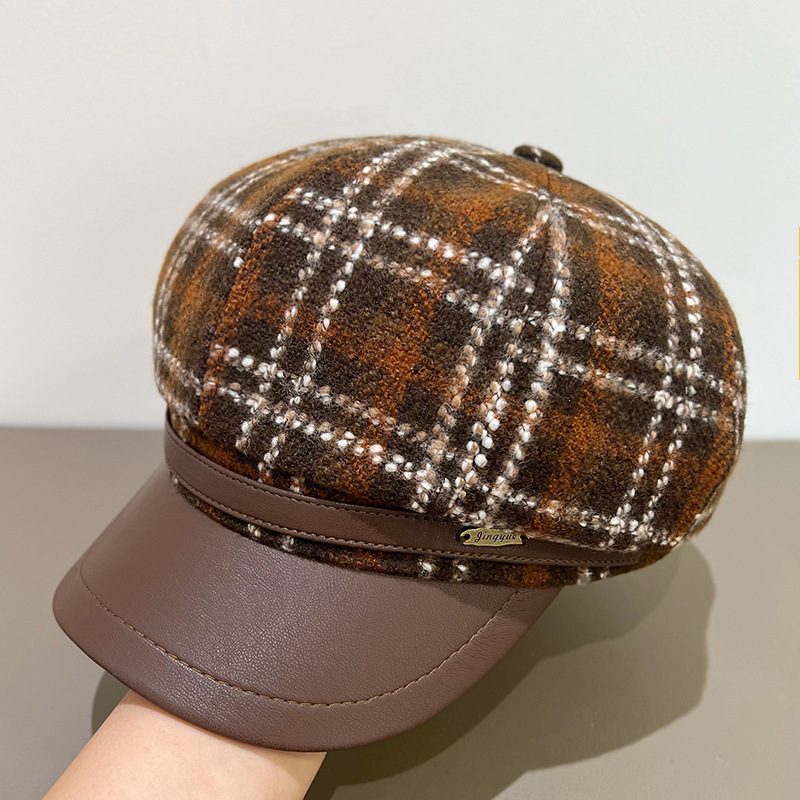 Beret u britanskom retro stilu za jesen/zimu, s PU kožnim rubom i osmerokutnim oblikom, Chanel stil, široki obod, vizualno sužava lice