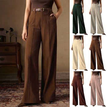 Ženske pantalone od korduroja, širokih nogavica, visokim strukom, retro drapirani kroj