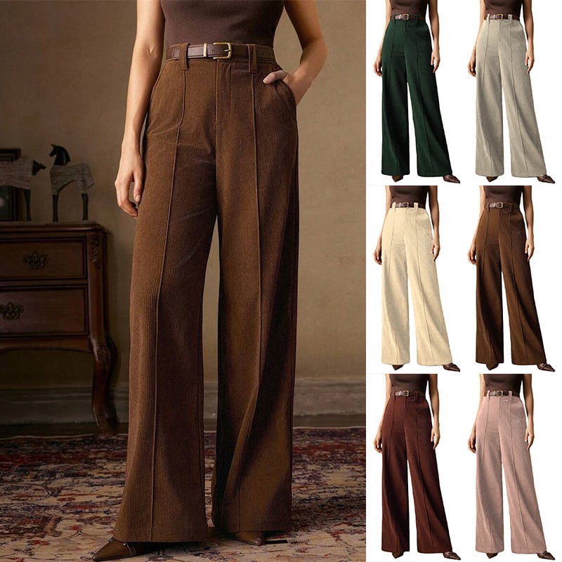 Ženske pantalone od korduroja, širokih nogavica, visokim strukom, retro drapirani kroj