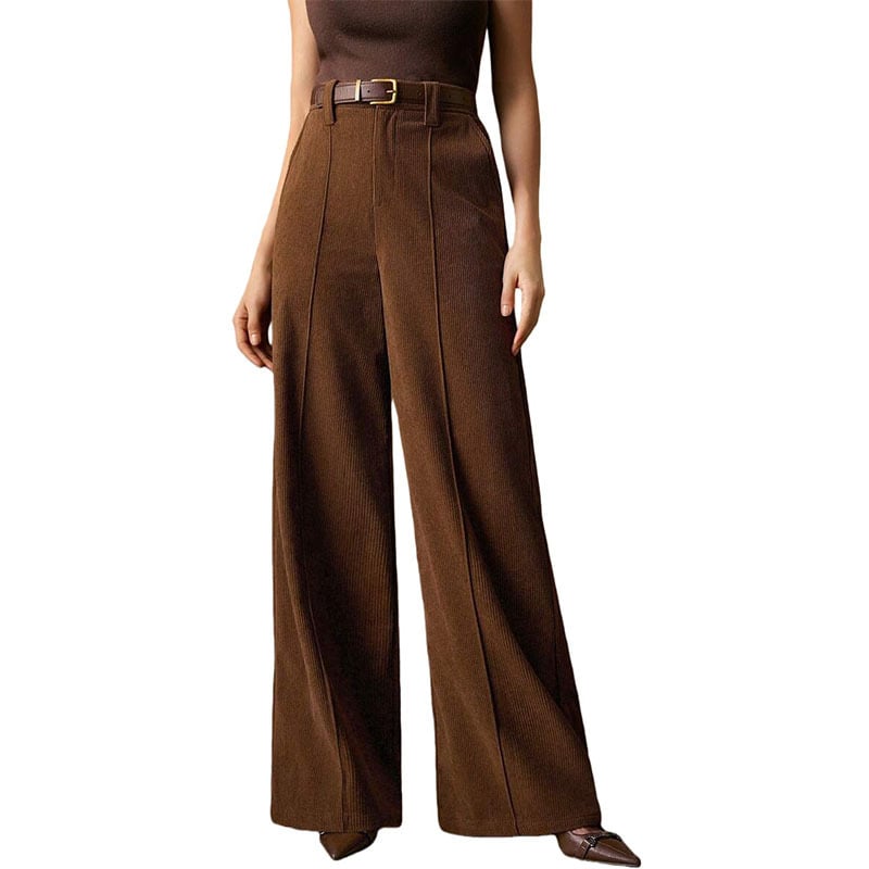 Ženske pantalone od korduroja, širokih nogavica, visokim strukom, retro drapirani kroj