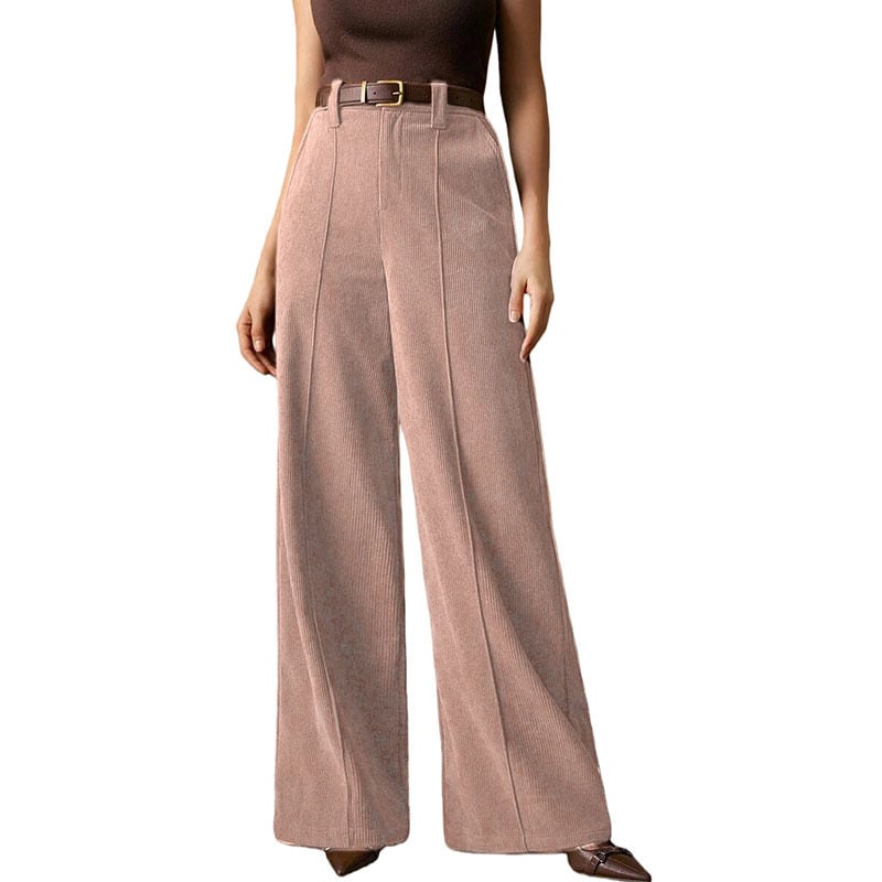 Ženske pantalone od korduroja, širokih nogavica, visokim strukom, retro drapirani kroj
