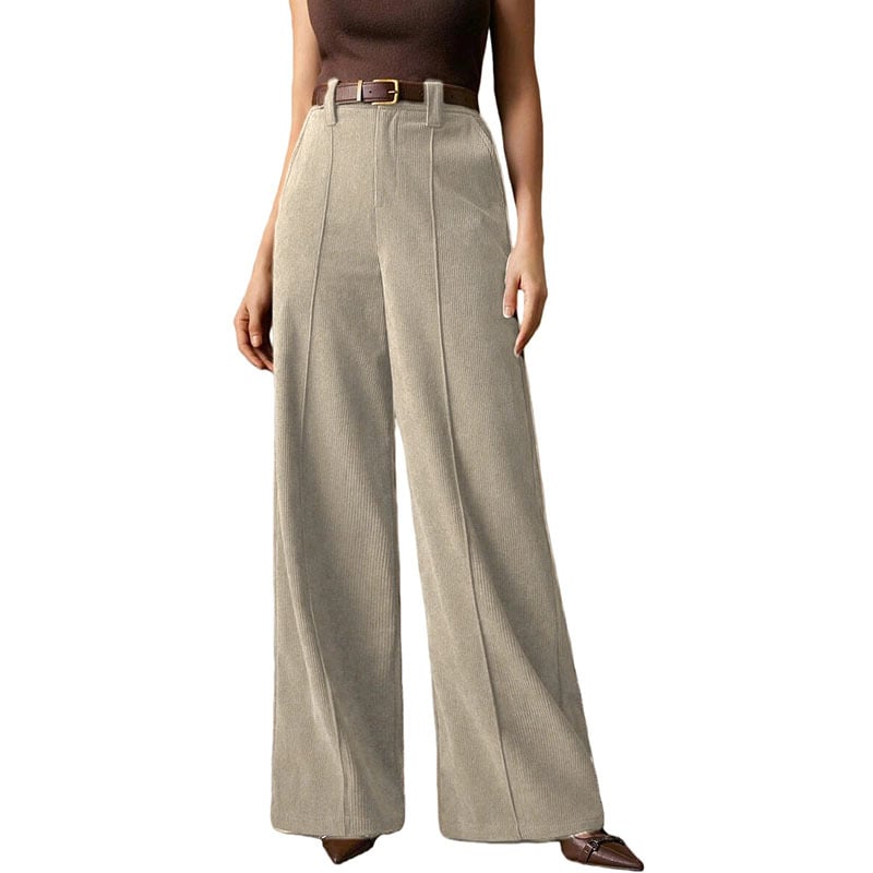 Ženske pantalone od korduroja, širokih nogavica, visokim strukom, retro drapirani kroj
