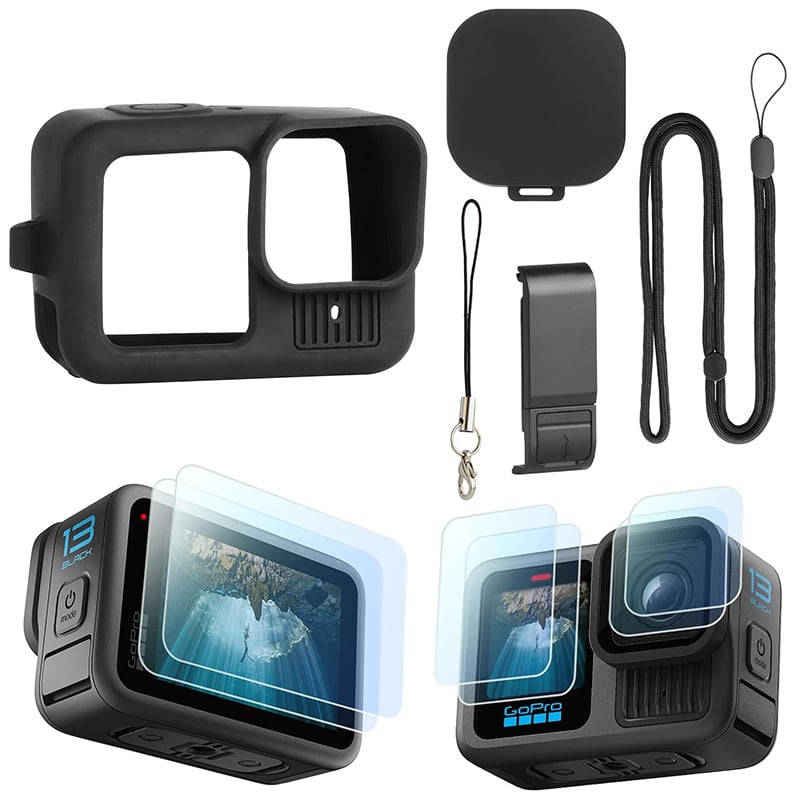 GoPro HERO13 σιλικονούχο προστατευτικό κάλυμμα με πλευρικό καπάκι και καπάκι φακού, προστατευτικό οθόνης από θερμικό γυαλί