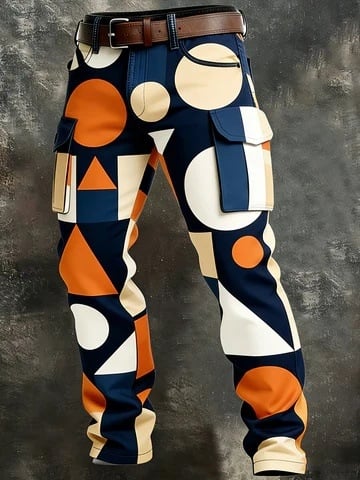 Muške hlače s 3D printom u kamuflažnom uzorku, vintage radnički stil, ravni kroj, srednji pojas, jesenji komad, model 2026