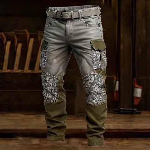 Muške hlače s 3D printom u kamuflažnom uzorku, vintage radnički stil, ravni kroj, srednji pojas, jesenji komad, model 2026