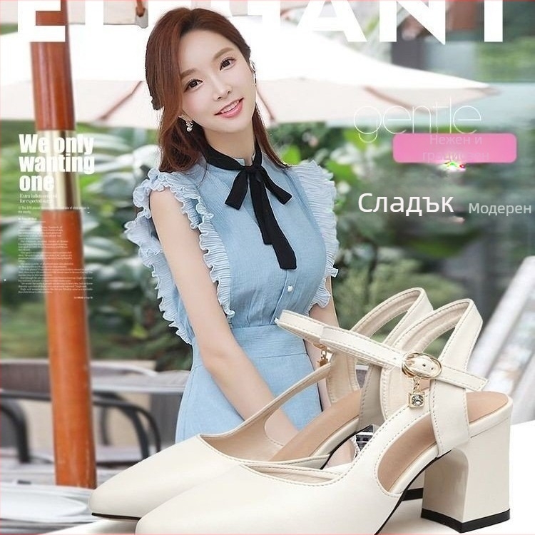 Пролетни и летни обувки с дебел ток и заострени пръсти, четири сезона, кухи, корейски, модерни, еднослойни, дамски обувки за работа