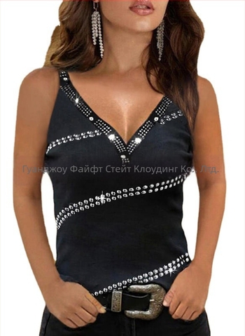 Дамски топове за външна търговия, ежедневни, европейски и американски, трансгранични, плътен цвят, с кристали, пайети, V-образно деколте, без ръкави