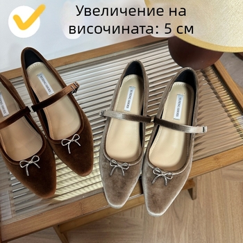 Дамски обувки с френски заострени крачоли и плитка уста, еднослойни, есен 2024, нови велурени обувки с панделка и обувки Mary Jane
