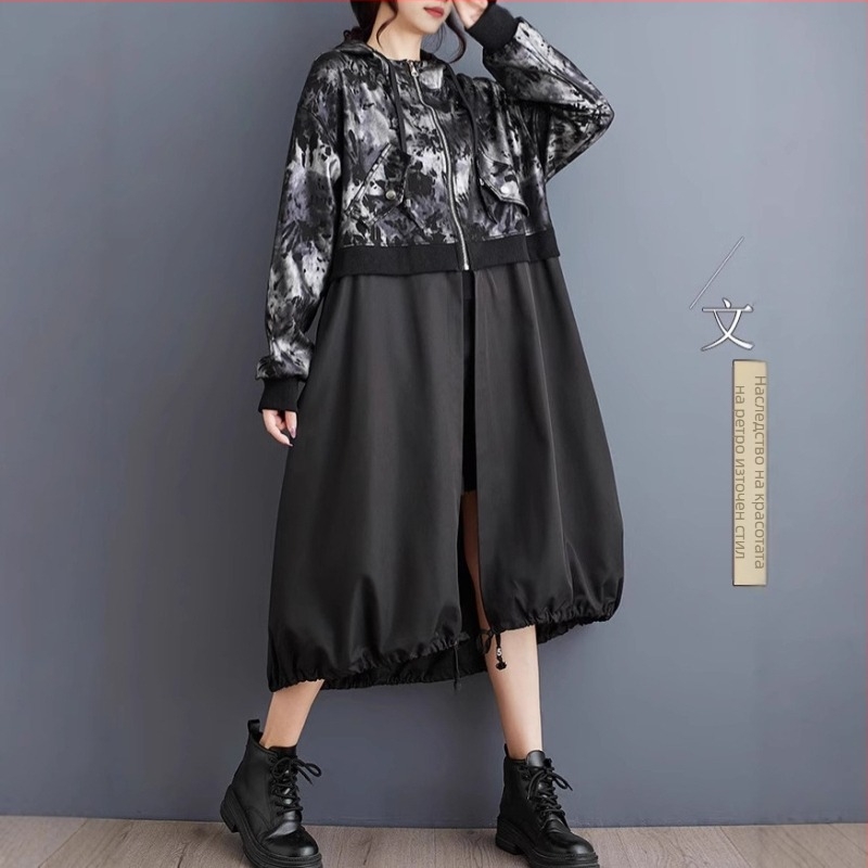Есенно-зимно ново яке с качулка, размер plus size, средна дължина, хлабаво, тънко, с качулка и шевове, с цип, дамско облекло