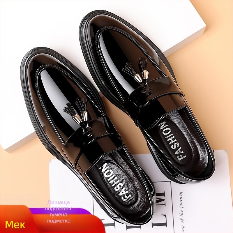 Кожени обувки от лачена кожа, британски стил, мъжки кожени обувки, удобни, универсални, увеличаващи височината, кожени обувки за работа и сватба