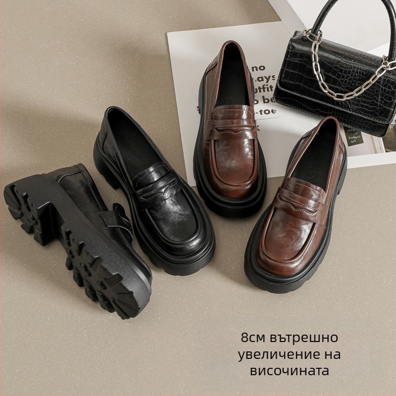 Ma suism 2024 Нови дамски мокасини с дебело подметка, малък размер, пролетни, британски стил, черни кожени обувки със скрита височина