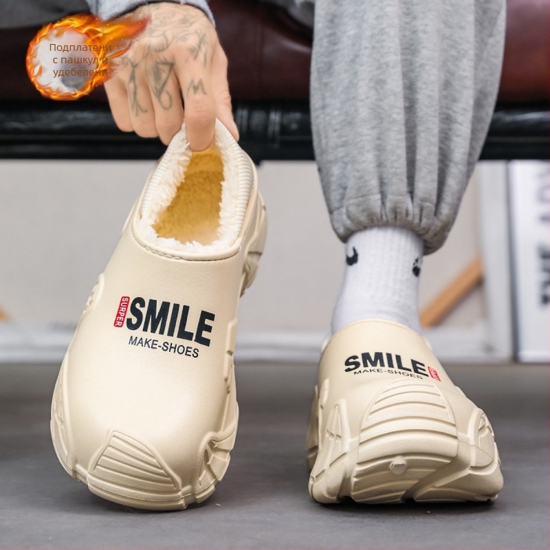 Мъжки зимни чехли с дебела подметка, водоустойчиви памучни, с ток, нови неплъзгащи се плюс плюшени памучни обувки за външно носене