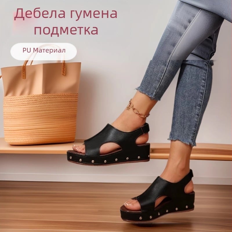 Трансгранични европейски и американски сандали с дебела подметка и висок ток за жени, 2025 нови, велкро, големи размери, плоски сандали с нитове