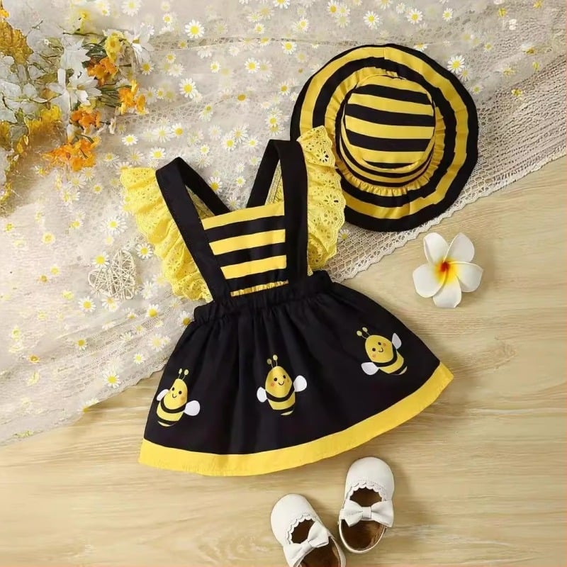 2025 Бебешка лятна пола с принт на пчела, тиранти за момичета, модна сладка рокля, детска рокля на принцеса
