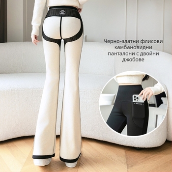 Дамски връхни панталони с двоен джоб и рог, подплатени с полар, с висока талия, за есен и зима, за пълнички момичета с висока талия