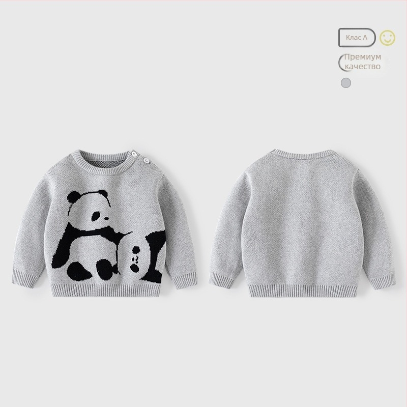 Майка ми и аз, детски пуловер Panda Jacquard Thickened Pullover, памучен плетен пуловер за момче, бебешки пуловер клас А