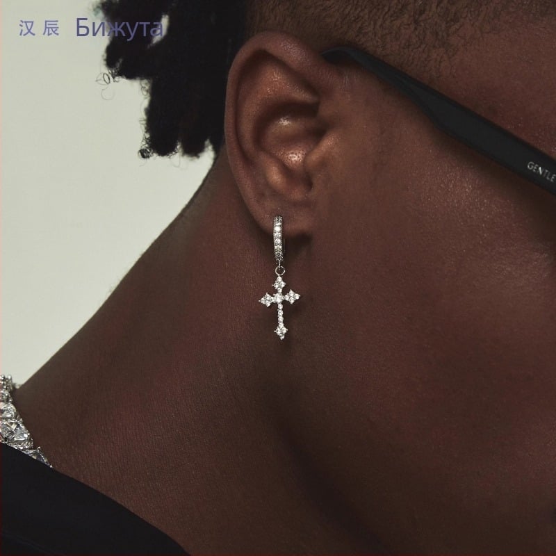 Обеци с циркони и кръст, момчета, хип-хоп моден дизайн, смисъл, нишови нови модни обеци, единични обеци