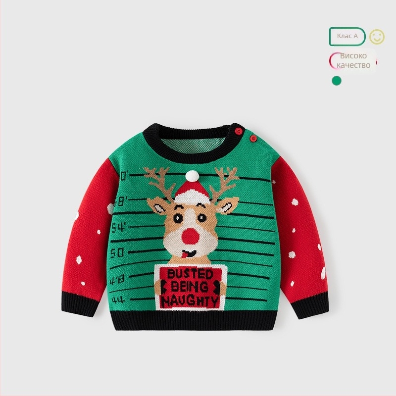 Коледен плетен детски пуловер клас А с жакардови мотиви, есенен и зимен пуловер, бебешки пуловер, памучен детски коледен пуловер