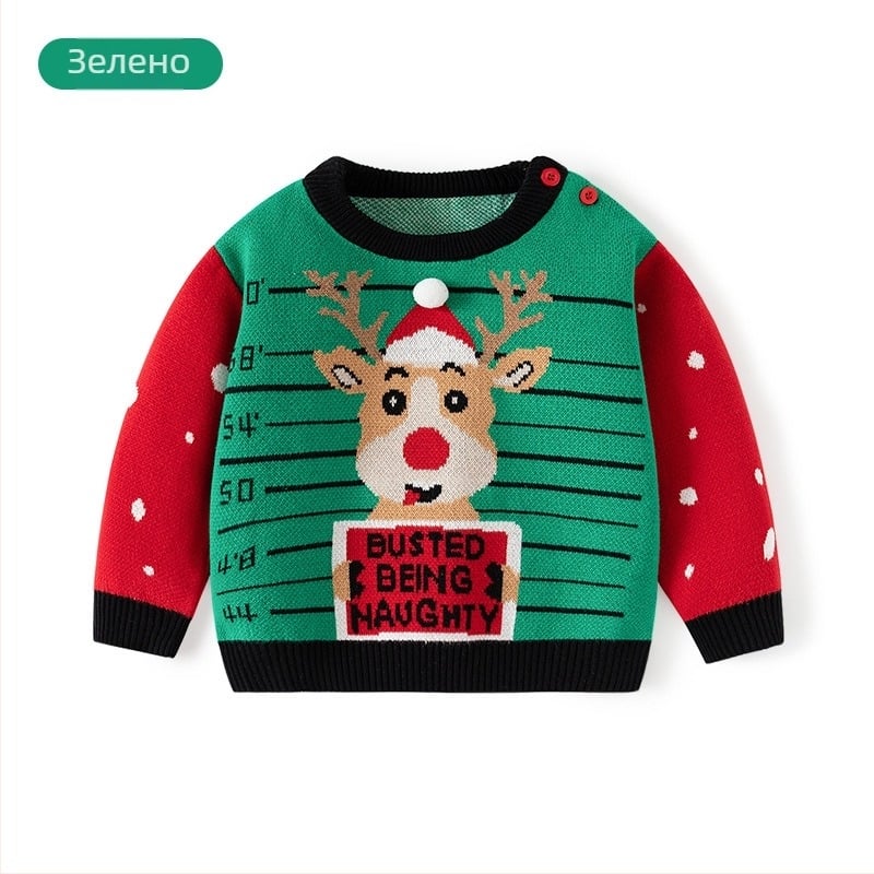 Коледен плетен детски пуловер клас А с жакардови мотиви, есенен и зимен пуловер, бебешки пуловер, памучен детски коледен пуловер