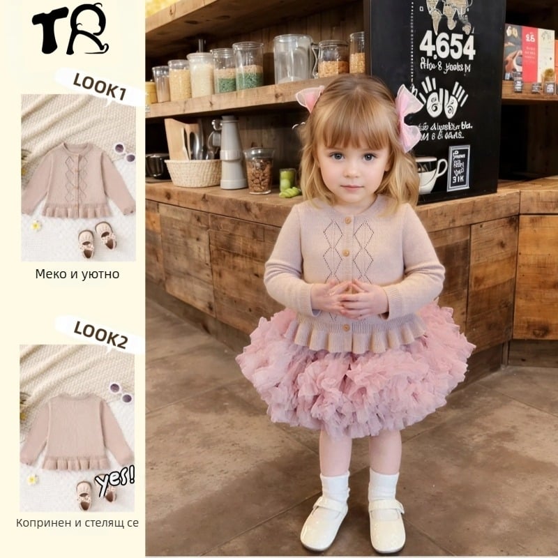 Бебешки готин копринен каки топ с кръгло деколте, ромб, полуизрязан топ с волани, плетен, дишащ