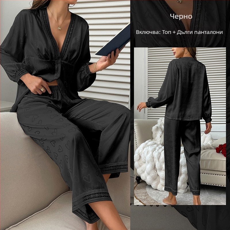 Европейски и американски модни пижами с дълъг ръкав, секси панталони, костюм от две части, удобни сатенени, жакардови, за дома, дрехи 687