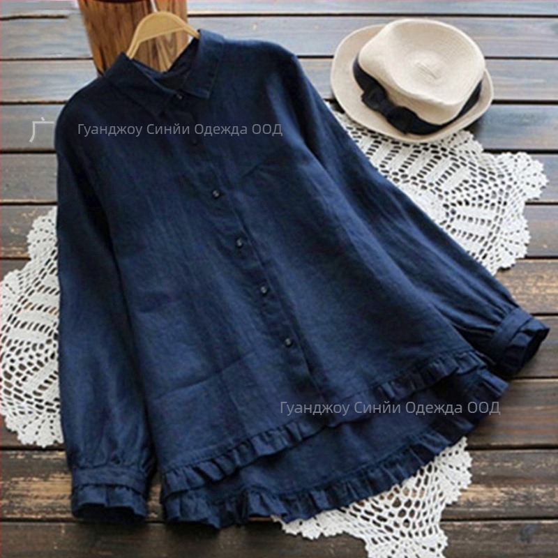 Пролетен нов японски стил, свободен памучно-ленен топ, дамска риза с А-образна форма, едноцветна, голям размер, риза с волани от памучно-ленен материал за жени