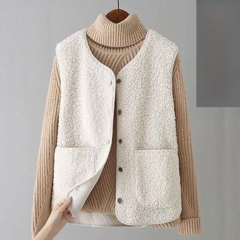 Плюшен жилет от агнешко, голям размер, за жени, зимно връхно облекло, нов кожен жилет от една част, яке 2023