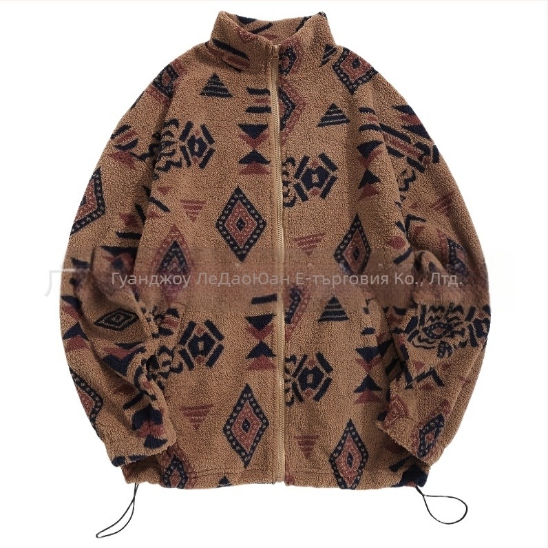 Трансгранично европейско и американско облекло, ацтекски етнически принт, ултрафин австрийски кадифен плюшен яке без качулка с цип, елегантно дамско