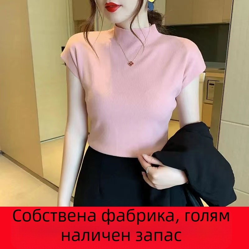 Нова дамска риза с полувисока яка, долна част, пуловер, черен, с къс ръкав, тениска, дамски летен пуловер, тънък, свободен, външна търговия на едро