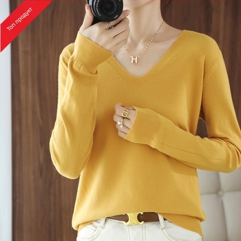 Есенен и зимен дамски пуловер без вълна с V-образно деколте, къс, едноцветен, универсален пуловер, дамски пуловер с тънък подметка, на едро през граница
