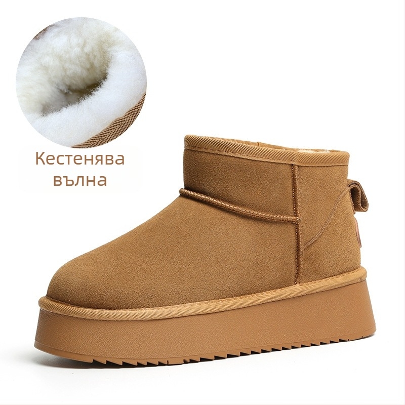 Дамски вълнени снежни ботуши за зимата, с полар, естествена кожа, с дебела подметка, къси, неплъзгащи се, увеличаващи височината, топли памучни ботуши и обувки