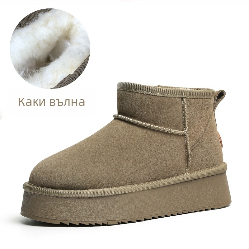 Дамски вълнени снежни ботуши за зимата, с полар, естествена кожа, с дебела подметка, къси, неплъзгащи се, увеличаващи височината, топли памучни ботуши и обувки