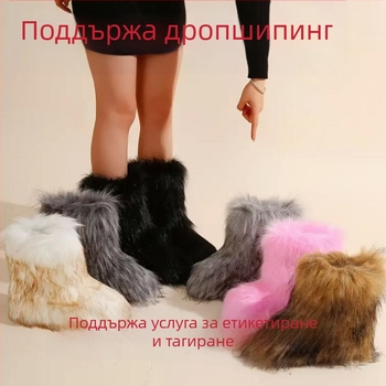 Ботуши от лисича кожа, есенен и зимен стил, топло и студоустойчиви, удебелени големи снежни ботуши от имитация на кожа до средата на прасеца, европейски и американски моден стил
