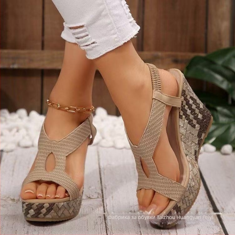 Нови пролетни и летни сандали с кухи еластични елементи тип „рибешка уста“, водоустойчиви, на платформа, дамски, с дебела подметка, плетени римски сандали