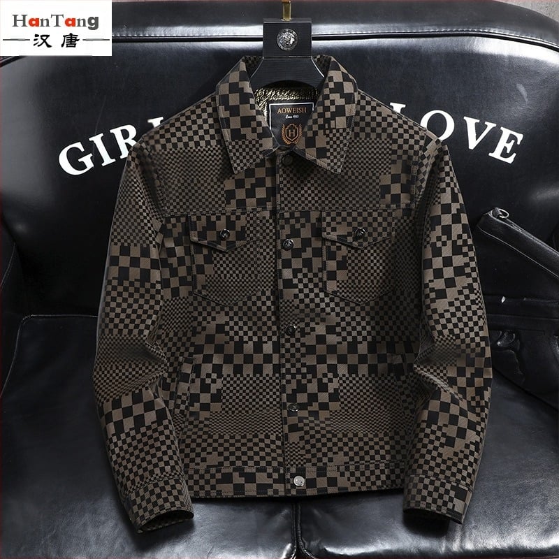 Ново мъжко кожено яке с ревери и карирана шарка, пролетно, есенно и зимно мъжко яке, ексклузивно в наличност