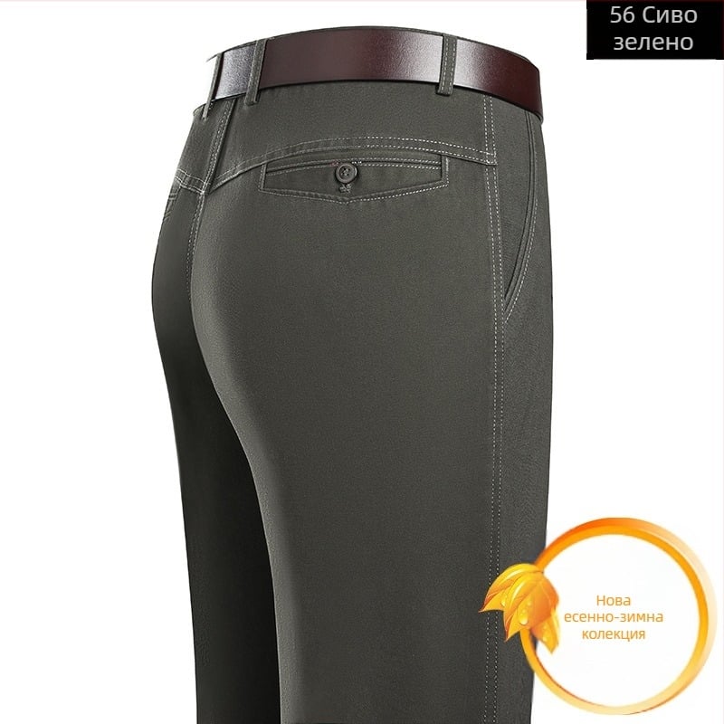 Чист памучен бизнес ежедневен панталон, мъжки широки мъжки панталони за средна възраст, есенни и зимни дебели прави, негладещи се дълги панталони за татко