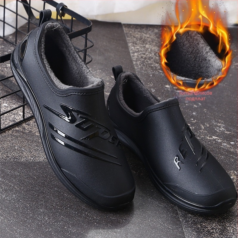 Мъжки водни обувки Cross-Border, нови плоски, неплъзгащи се, модни гумени ботуши в корейски стил, водоустойчиви, топли, едноцветни, пролетни и есенни мъжки гумени ботуши