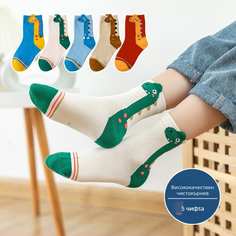 Есенни и зимни детски чорапи до средата на прасеца за момчета и момичета, детски чорапи от пениран памук с анимационни динозаври, бебешки чорапи, ученически чорапи на едро