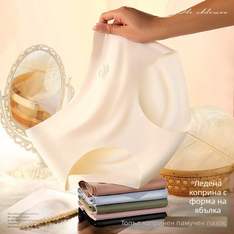 Дамски бикини от ледена коприна със средна талия, повдигащи корема, тънки, дишащи, високо еластични, 3D, ябълкови, от чист памук, бактериостатични, без следи от чатала