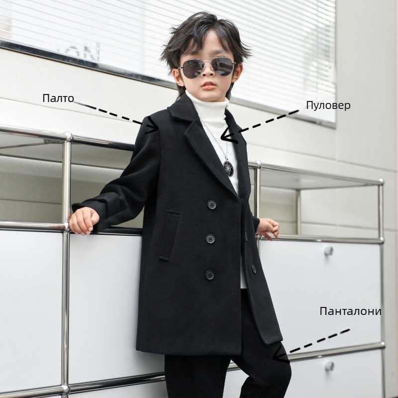 Вълнено палто за момчета, памучно и удебеляващо, есенно и зимно вълнено палто, детско топло вълнено палто в корейски стил с ревер